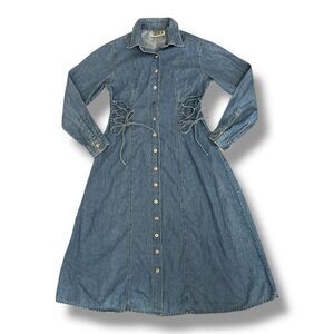 Vintage Forenza Denim Jean Tie Dress 100% Cotton Full Button Front Size 10